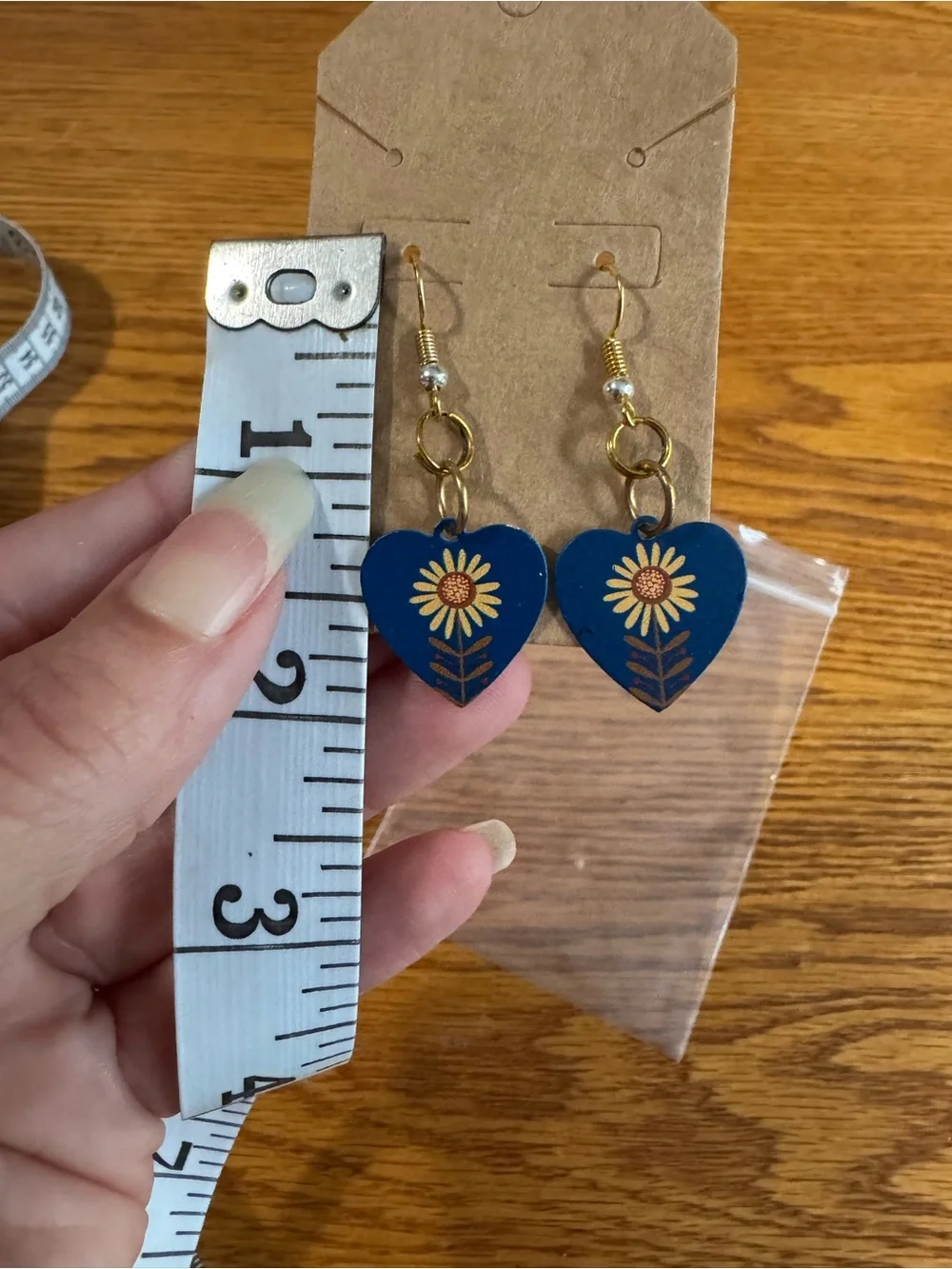 Blue Heart Sunflower Drop Earrings - Gold Accents